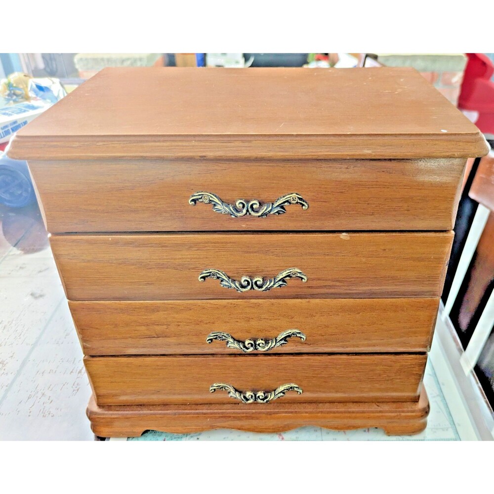 VTG Wooden Jewelry Box with Mirror & Red Velvet Interior-4Tier, Ornate Hardware